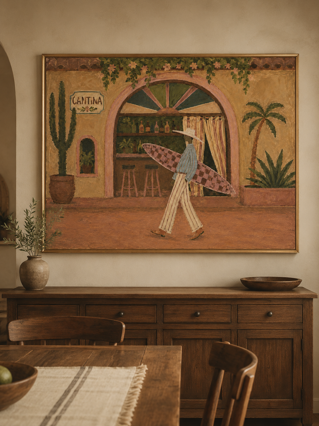 Retro Surfer Cantina Painting For Beach House Decor Cantina Wall Art, Western Coastal Surf Decor