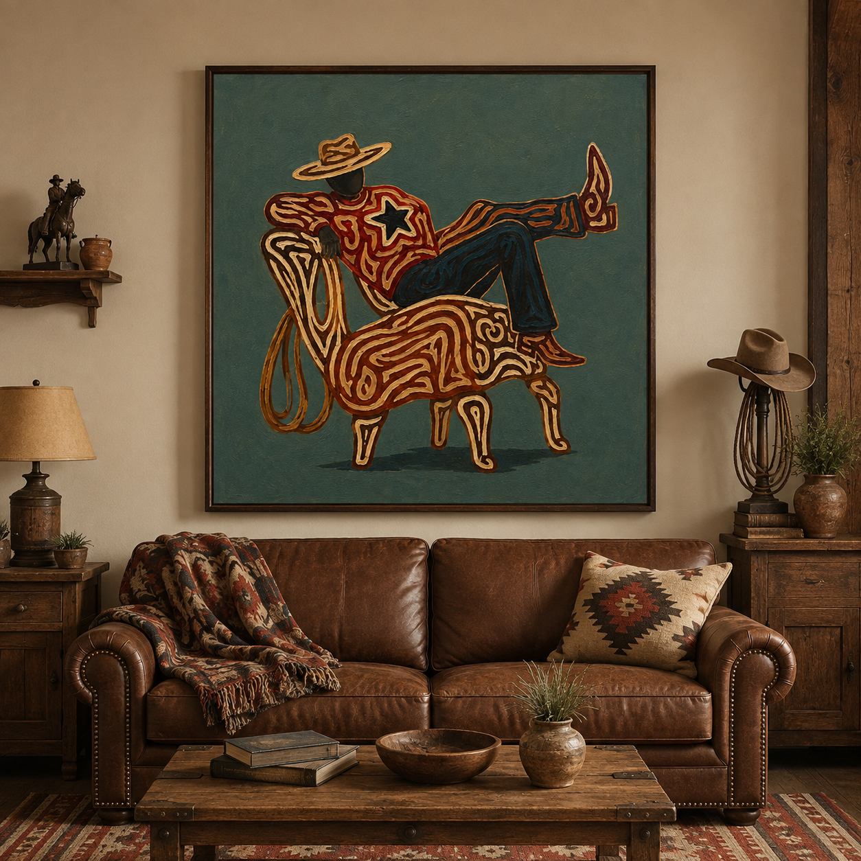 Cowboy Relaxing Art , Western Aesthetic Wall Art, Abstract Cowboy Painting, Modern Rustic Decor Canvas, Contemporary Cowboy Art