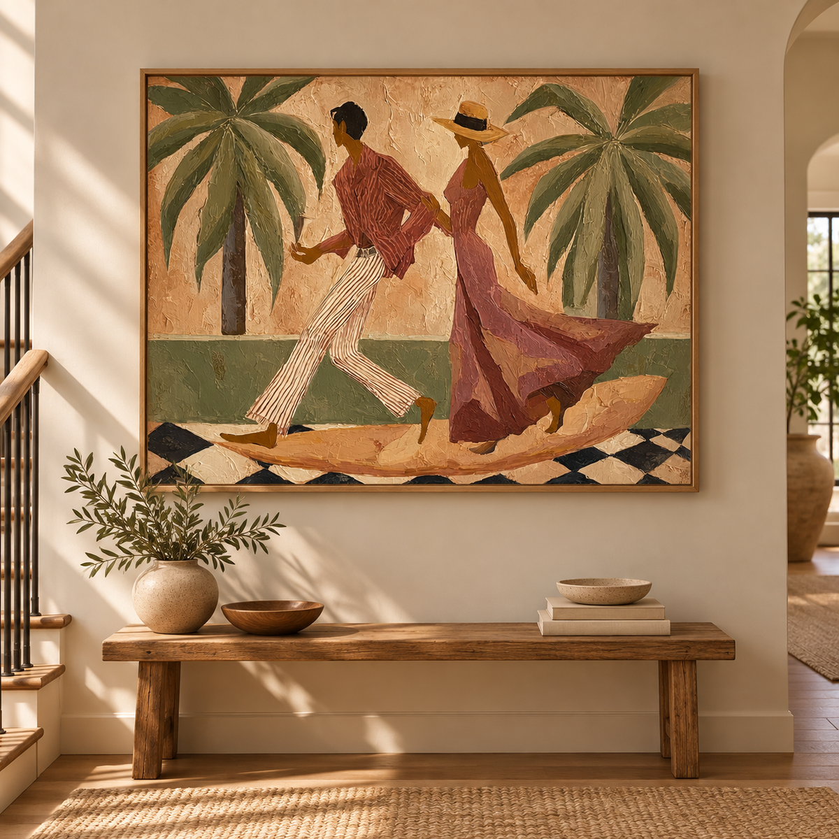 Dancing Couple Canvas Painting With Tropical Palms And Olive Green Tones