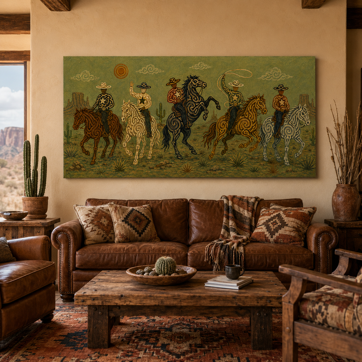 Olive Western Cowboy Painting, Panoramic Lasso Horse Riders, Southwestern Ranch Wall Art
