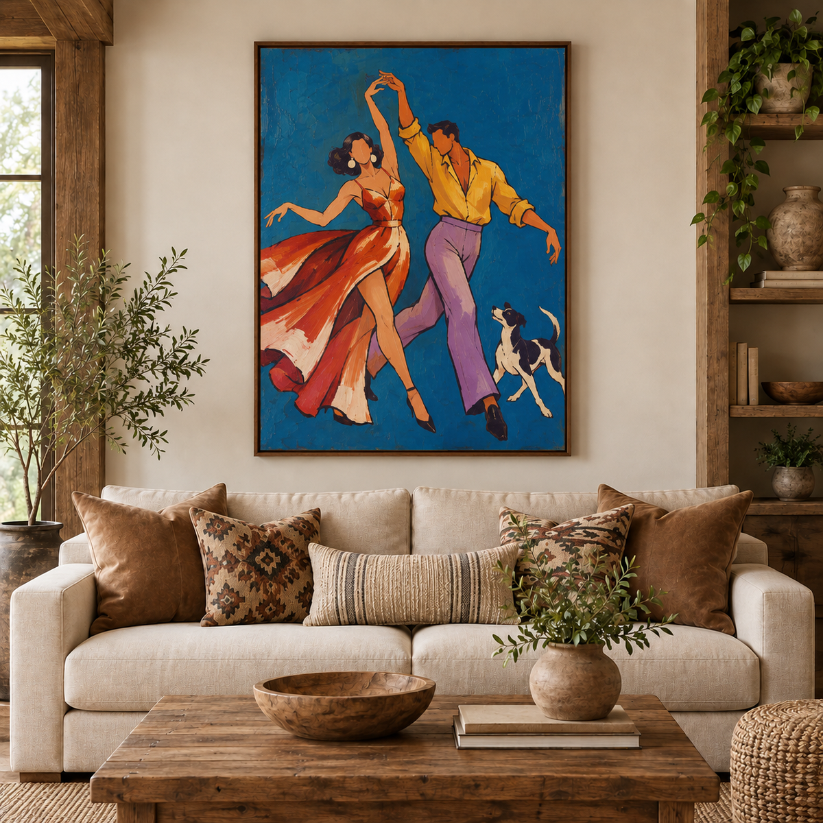 Passionate Tango Dancers Canvas Painting With Dog In Blue And Orange