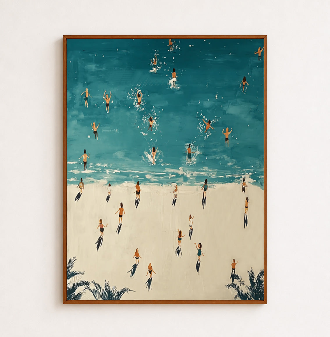 Minimalist Beach Painting With Figures And Shadows For Modern Home Decor