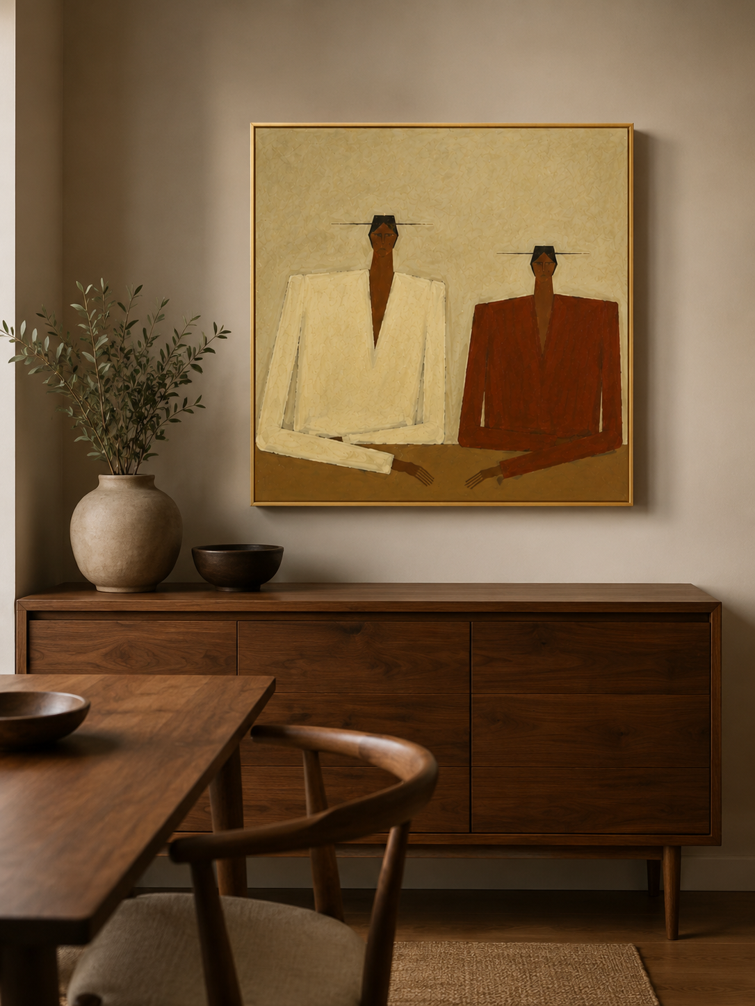 Abstract Geometric Figure Painting In Beige And Brown Tones With Textured Canvas For Modern Living Room Decor