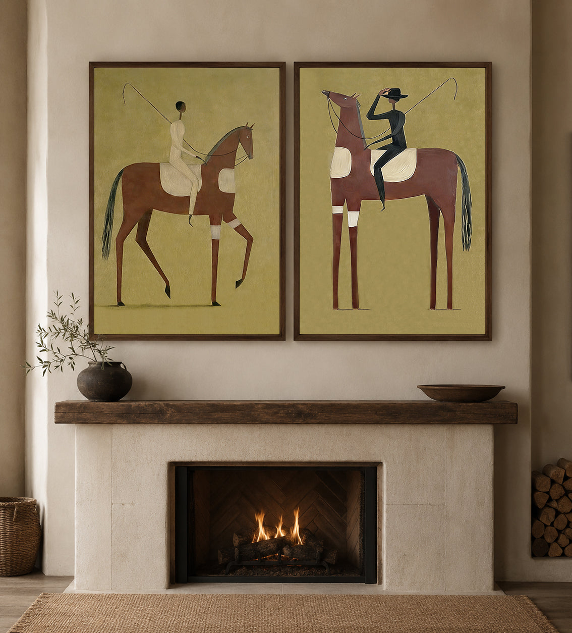 Vintage Equestrian Horse Art Set Of Two With Olive Green Background For Living Room Wall Decor