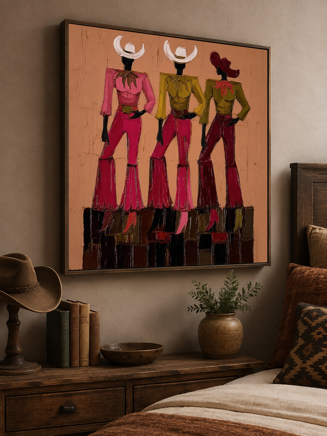 Vintage Cowgirl Wall Art,Pink And Green Cowgirl Canvas Painting, Trendy Country Aesthetic Home Decor