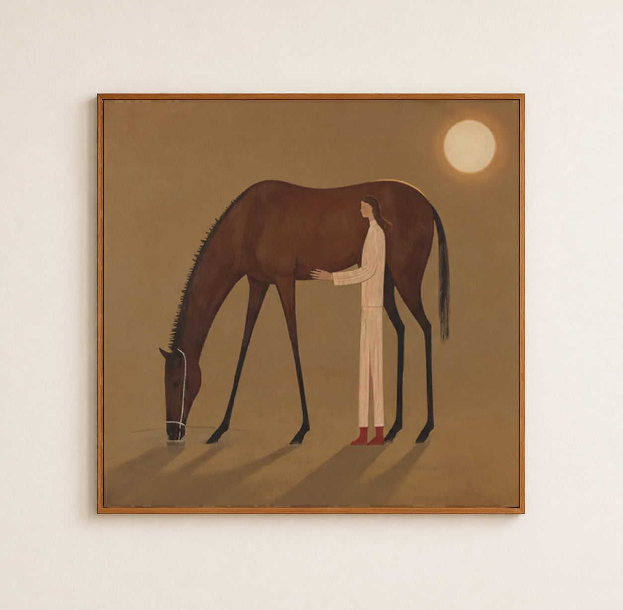 Wabi Sabi Girl And Horse Painting With Moonlight Earth Tones For Cozy Living Room Decor