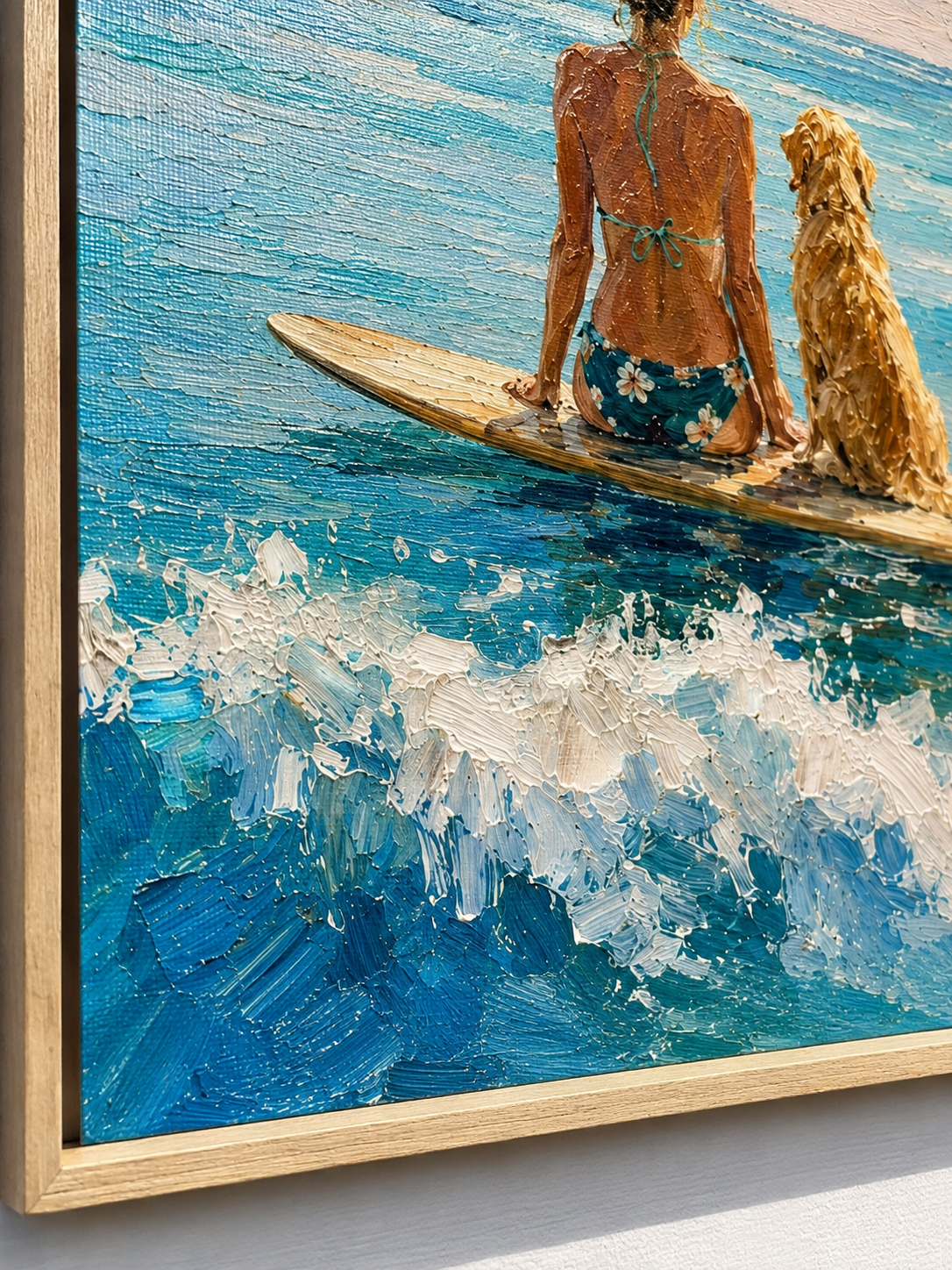 Summer Beach Surfboard Art Hand Painted Girl And Dog Ocean View Art For Beach House Living Room Decor