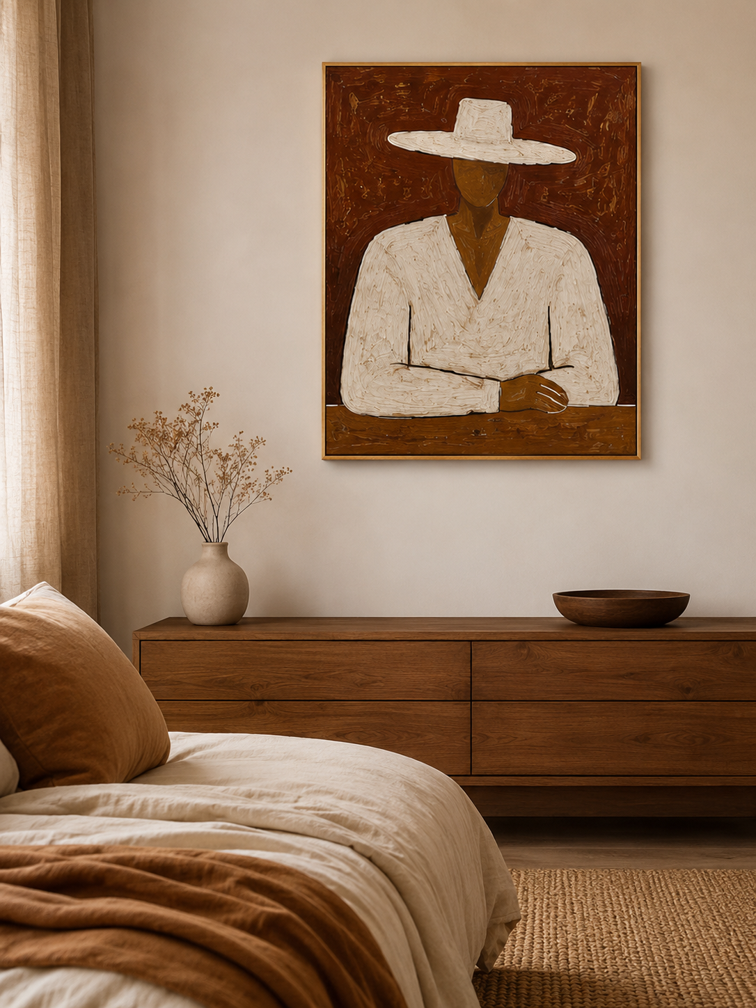 Minimalist Man In White Hat Original Oil Painting For Modern Living Room Decor