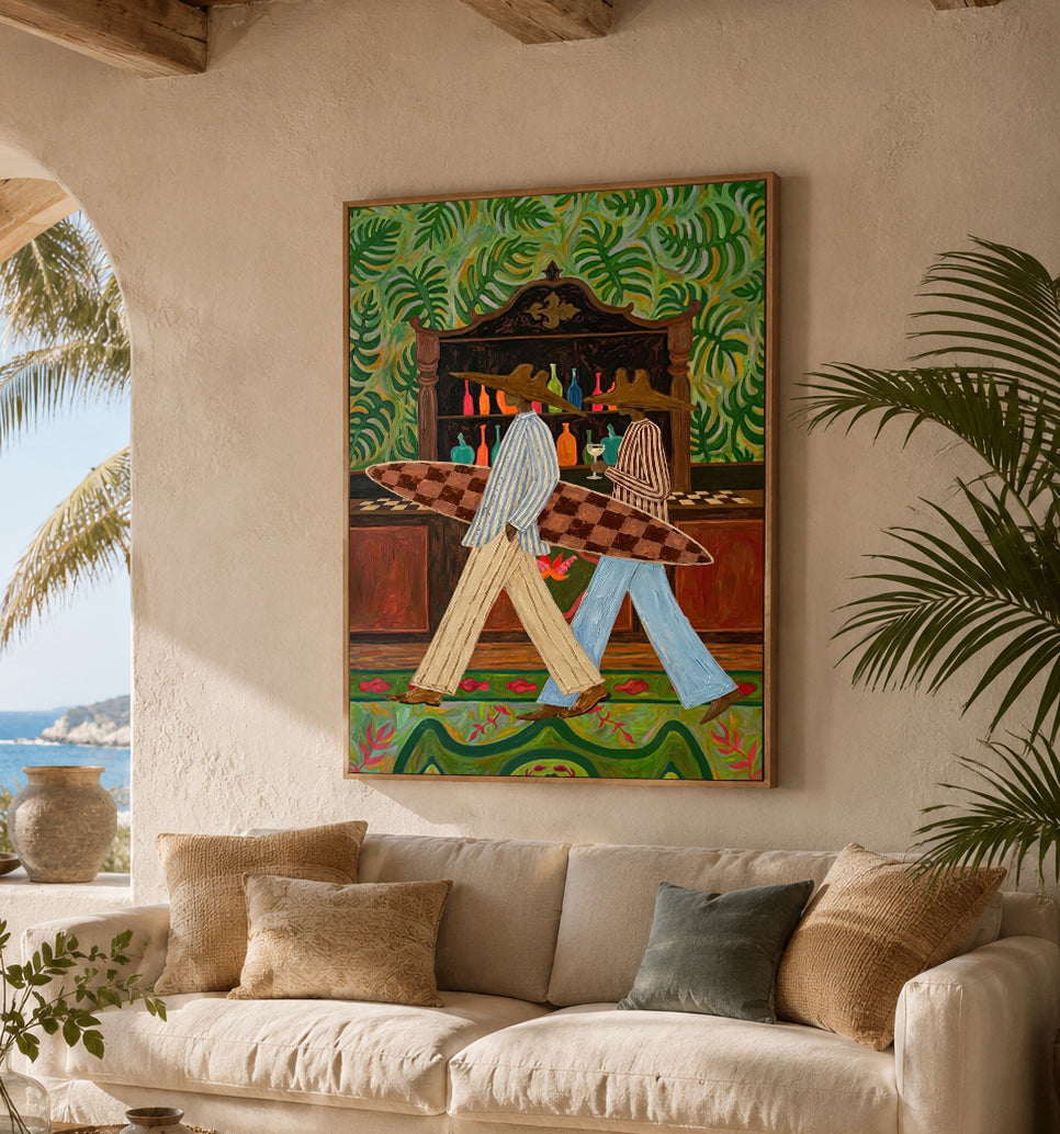 Vintage Tropical Surfboard Painting For Coastal Wall Decor With Retro Folk Art Style