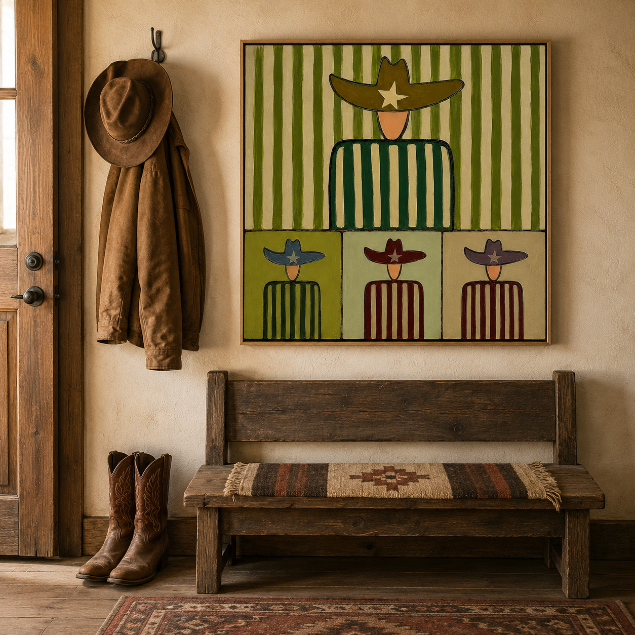 Abstract Cowboy Painting With Green Stripes For Modern Living Room Decor