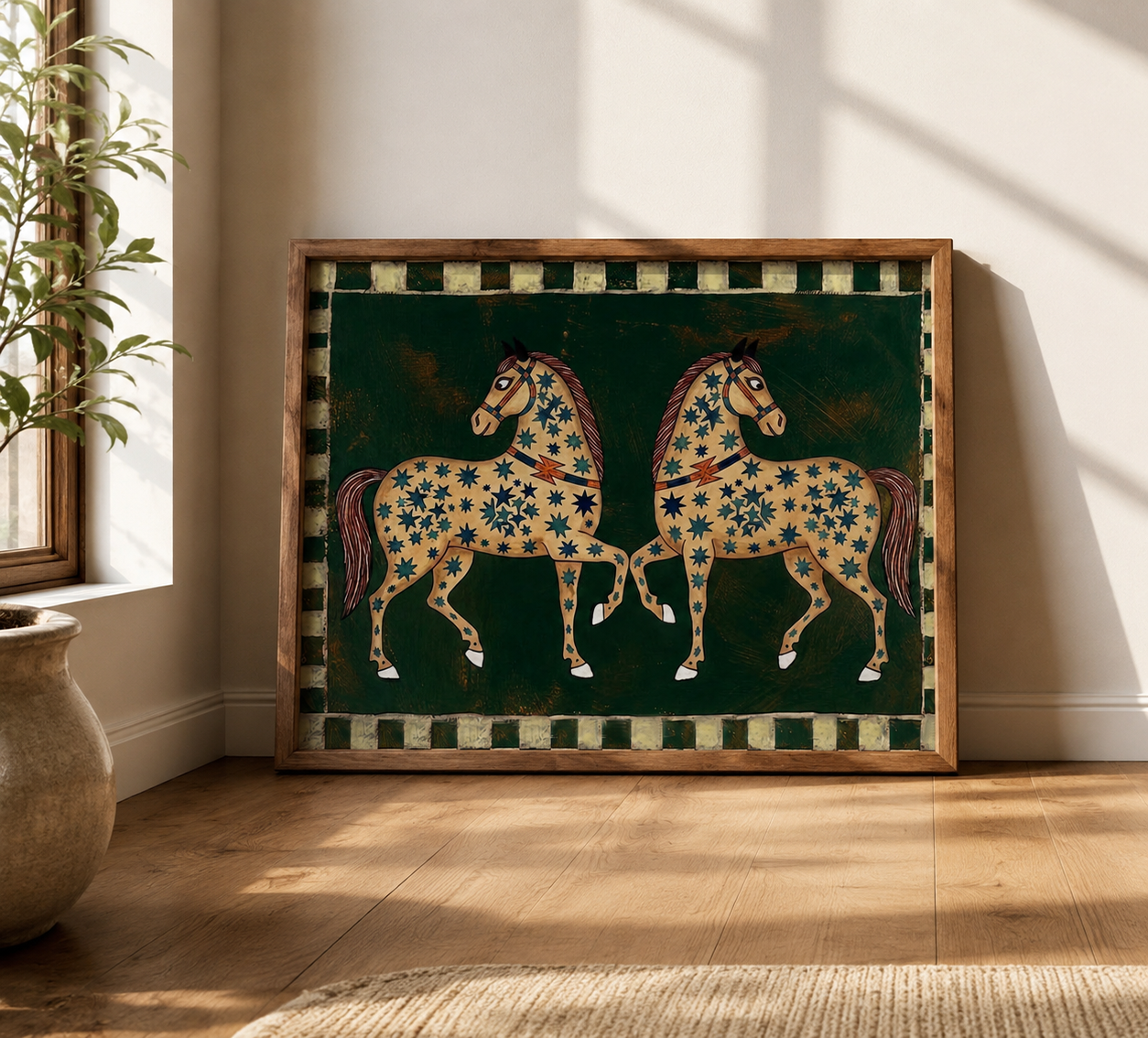 Exquisite Two Horses Painting With Star Patterns On Olive Green Background Original Folk Art