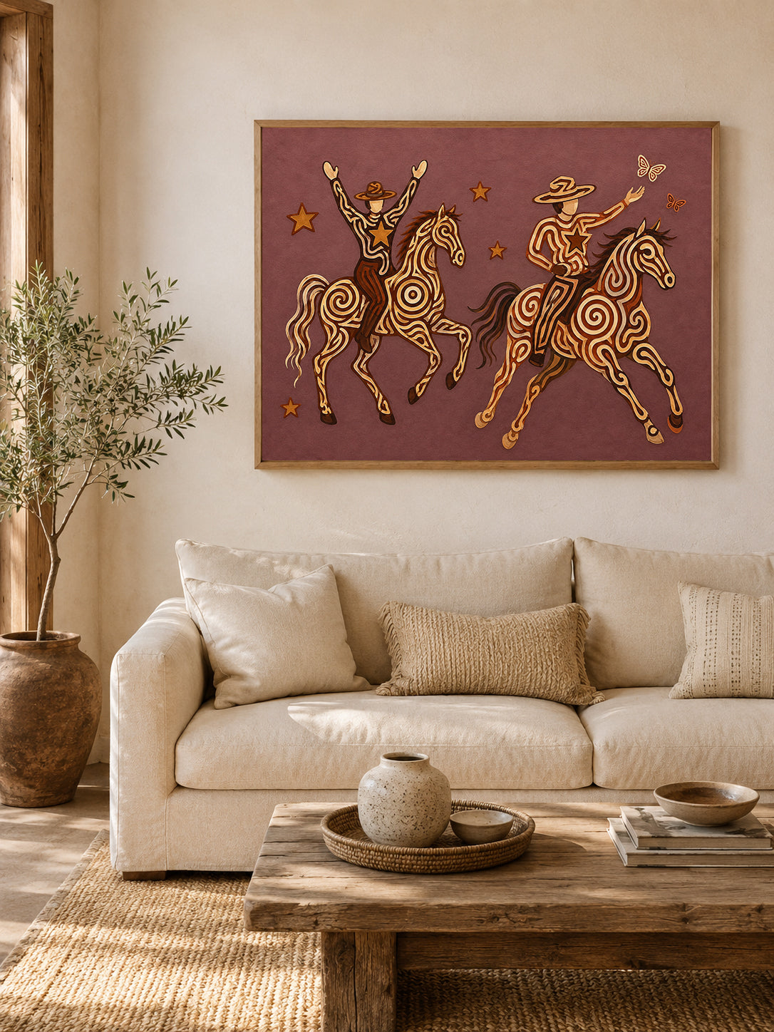 Whimsical Cowboy Cowgirl Painting, Pink Western Horse Art, Southwestern Folk Decor