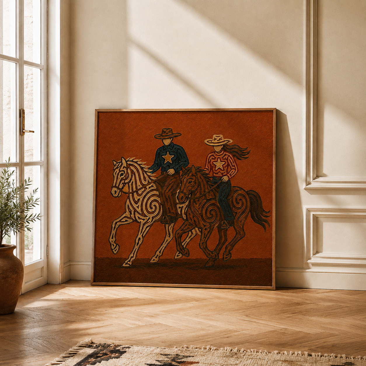 Two Cowboys Horses Art, Cowboy And Cowgirl Wall Decor, Dynamic Ranch Horses Canvas