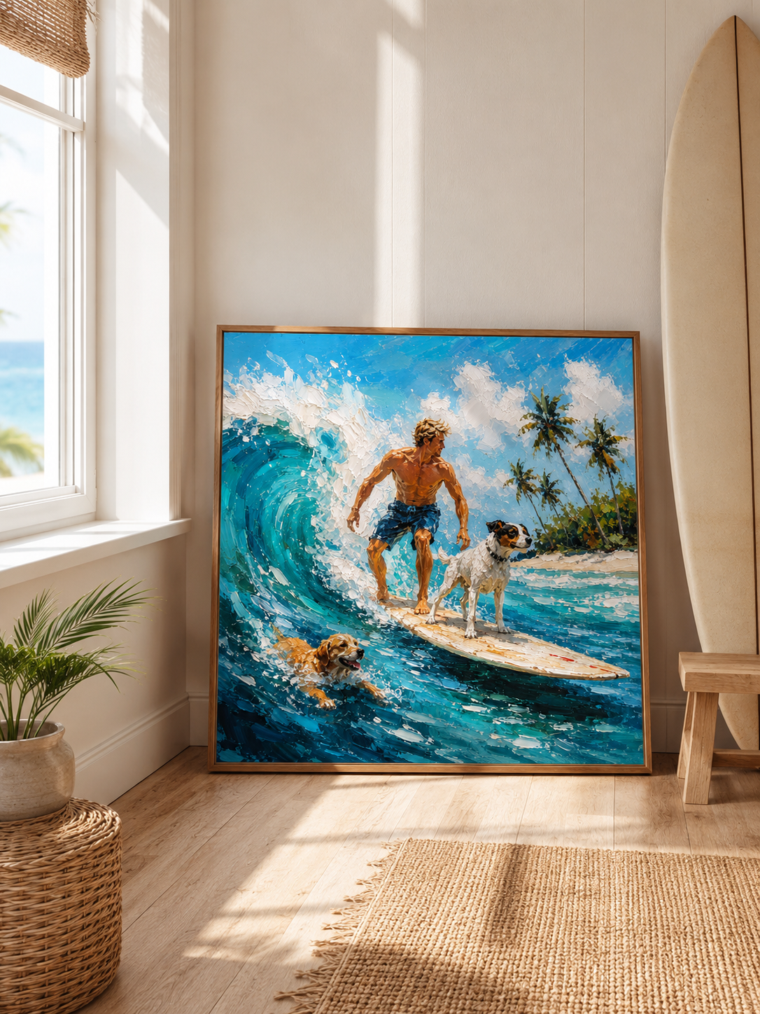 Surfer And Dogs Painting For Boys Room Beach Themed Wall Art Decor