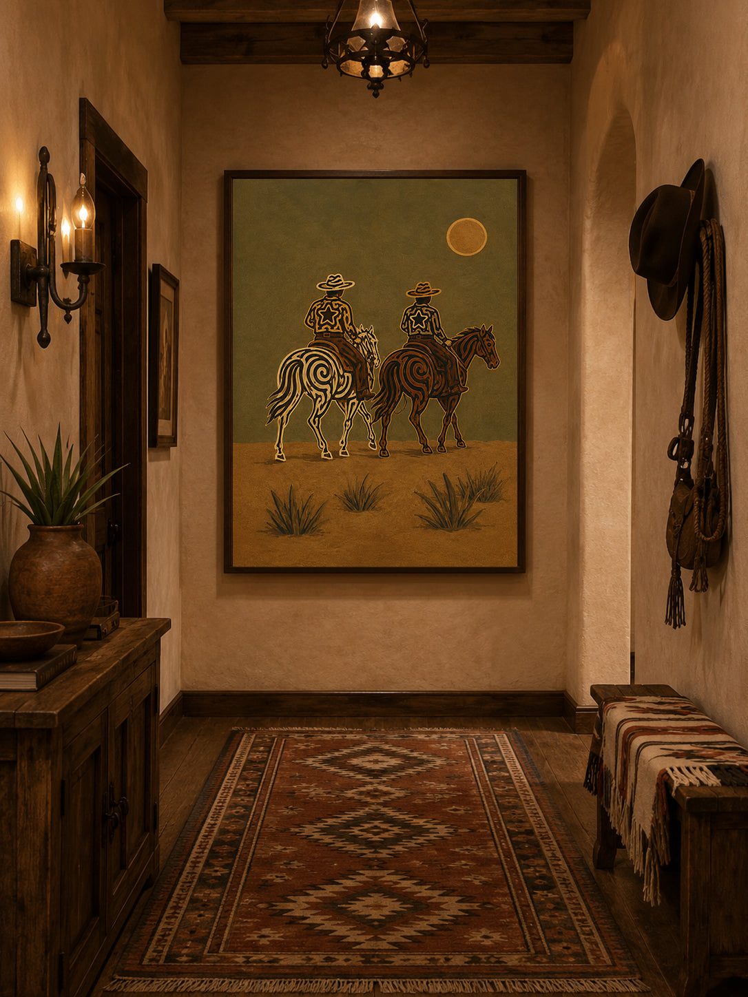 Moonlit Cowboys Painting, Western Horse Riders, Southwestern Desert Wall Art For Western Decor