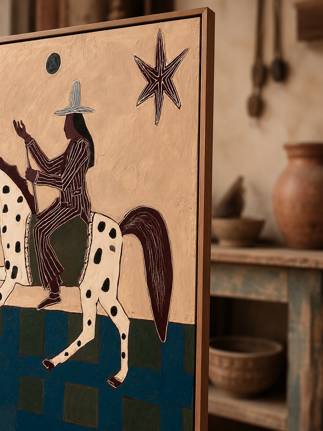 Vintage Magical Realism Folk Art Painting With Spotted Horse And Stars For Living Room Decor