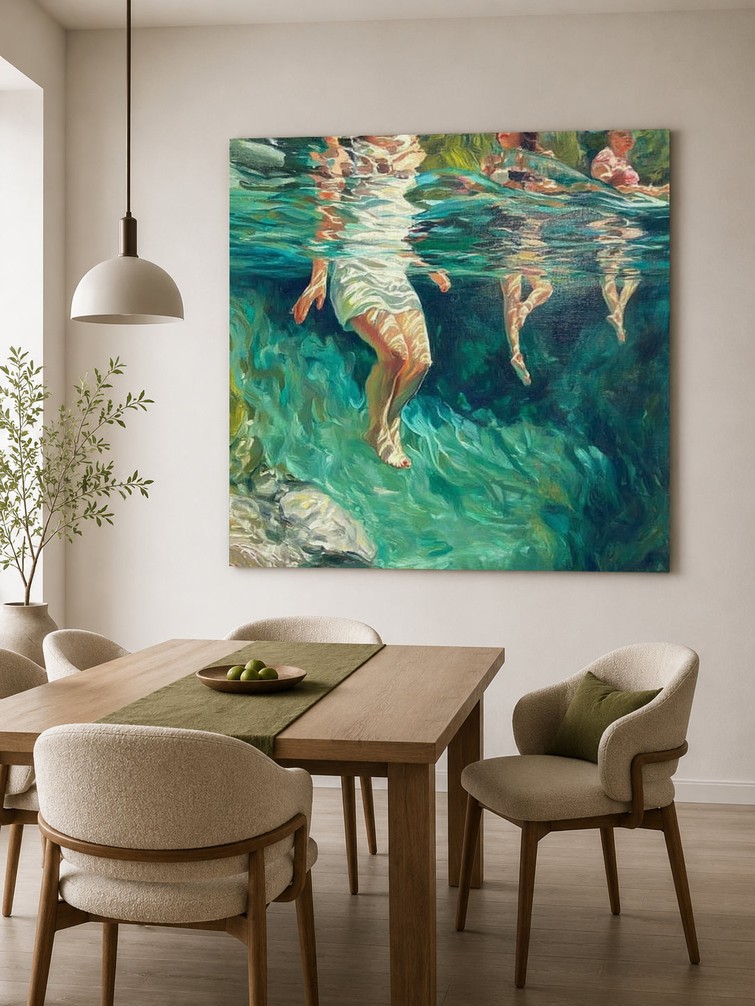 Summer Stream Oil Painting With Submerged Figures For Modern Home Decor
