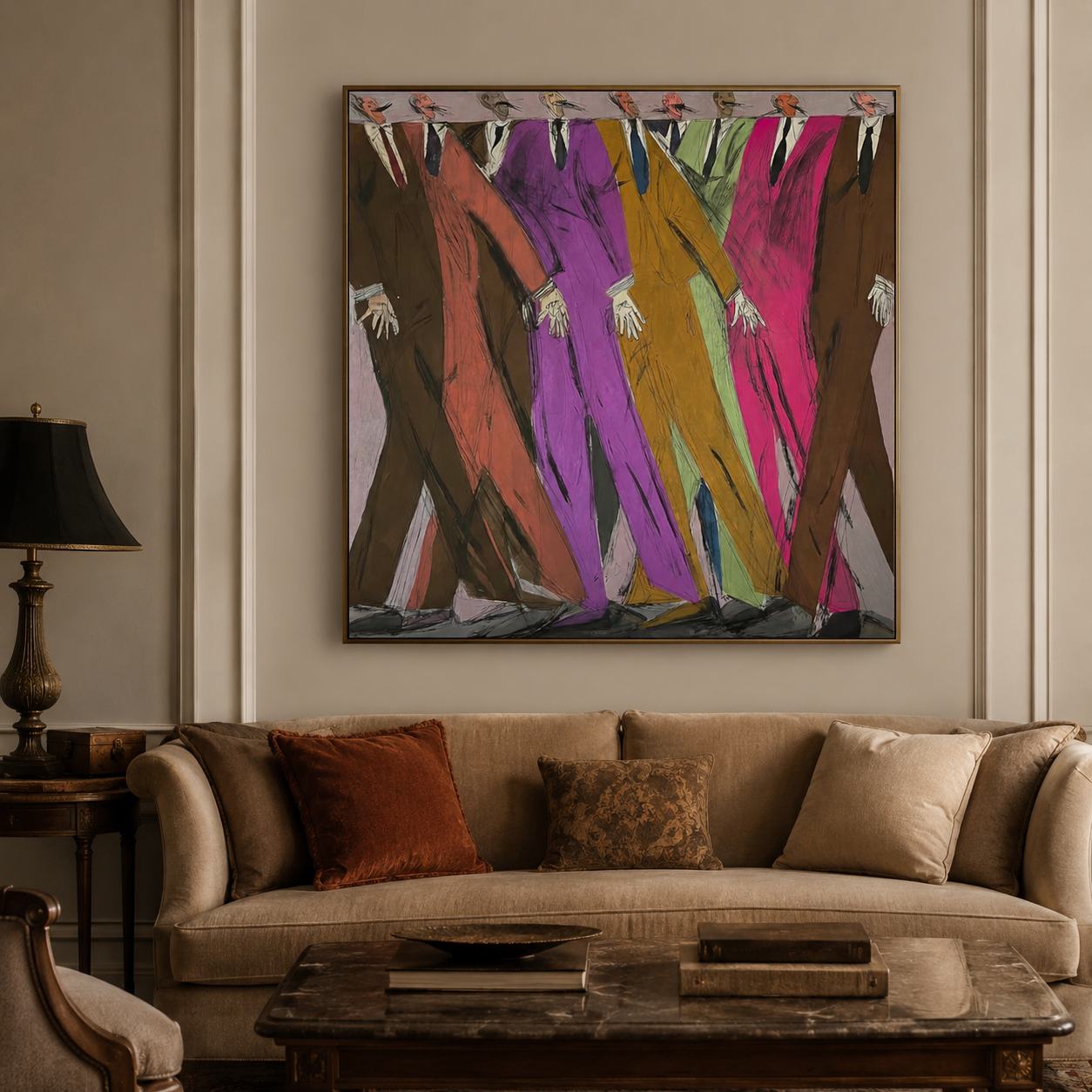 Colorful Abstract Figure Painting With Bold Suits For Modern Living Room Decor