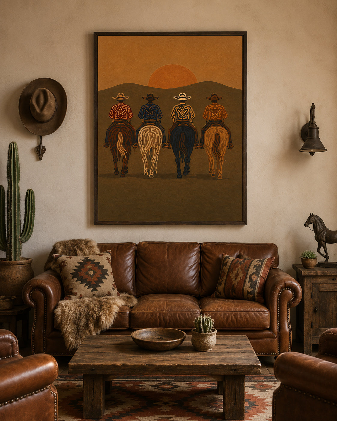 Cowboys At Sunset Painting, Western Horse Riders, Southwestern Desert Landscape Art For Living Room