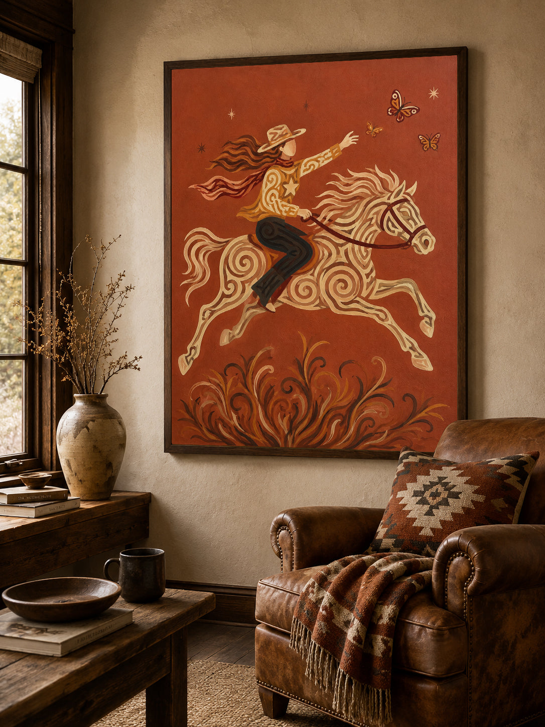 Cowgirl Riding Horse Canvas Painting Hand-Painted Western Art With Butterflies