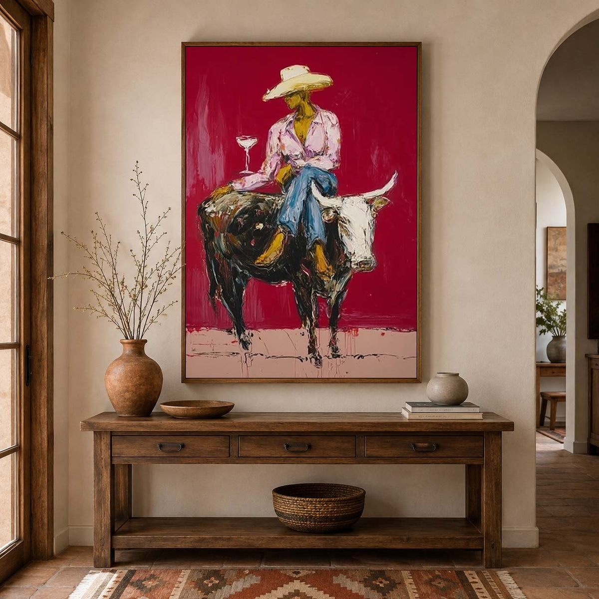 Cowgirl Wall Decor Cowgirl On Longhorn Hand-Painted Oil Painting In Deep Red | Western Wall Art