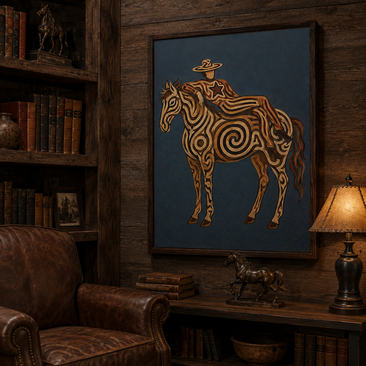 Large Western Horse Painting, Rustic Ranch Home Decor, Abstract Cowboy Style Original Oil Painting