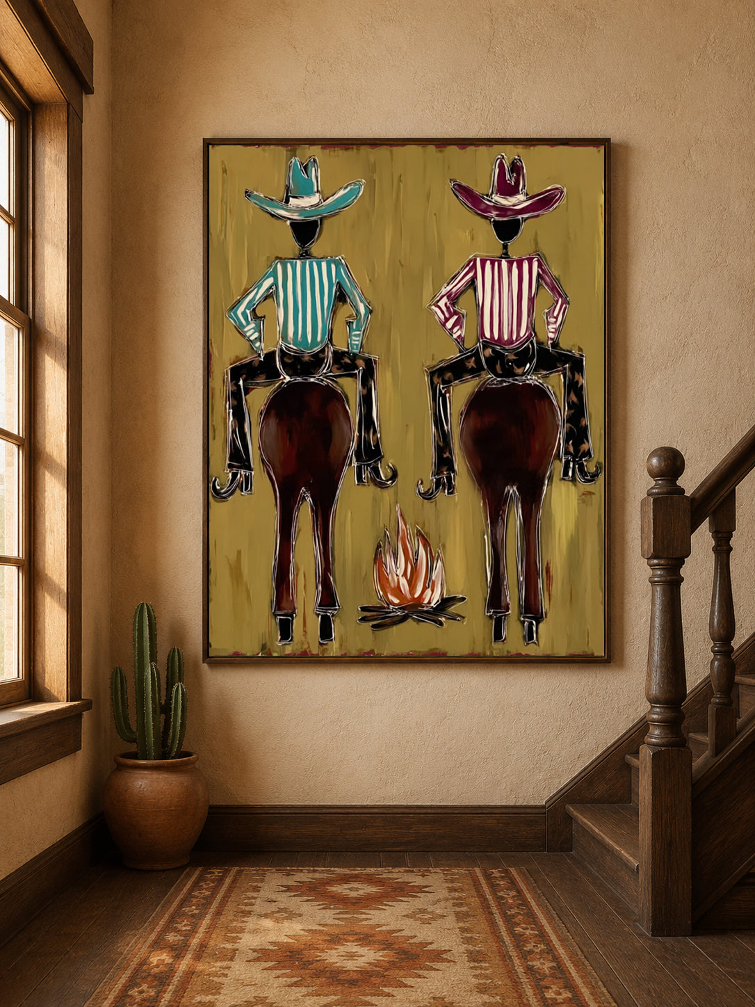 Hand-Painted Cowboy And Horse Canvas Painting With Campfire In Brown And Gold