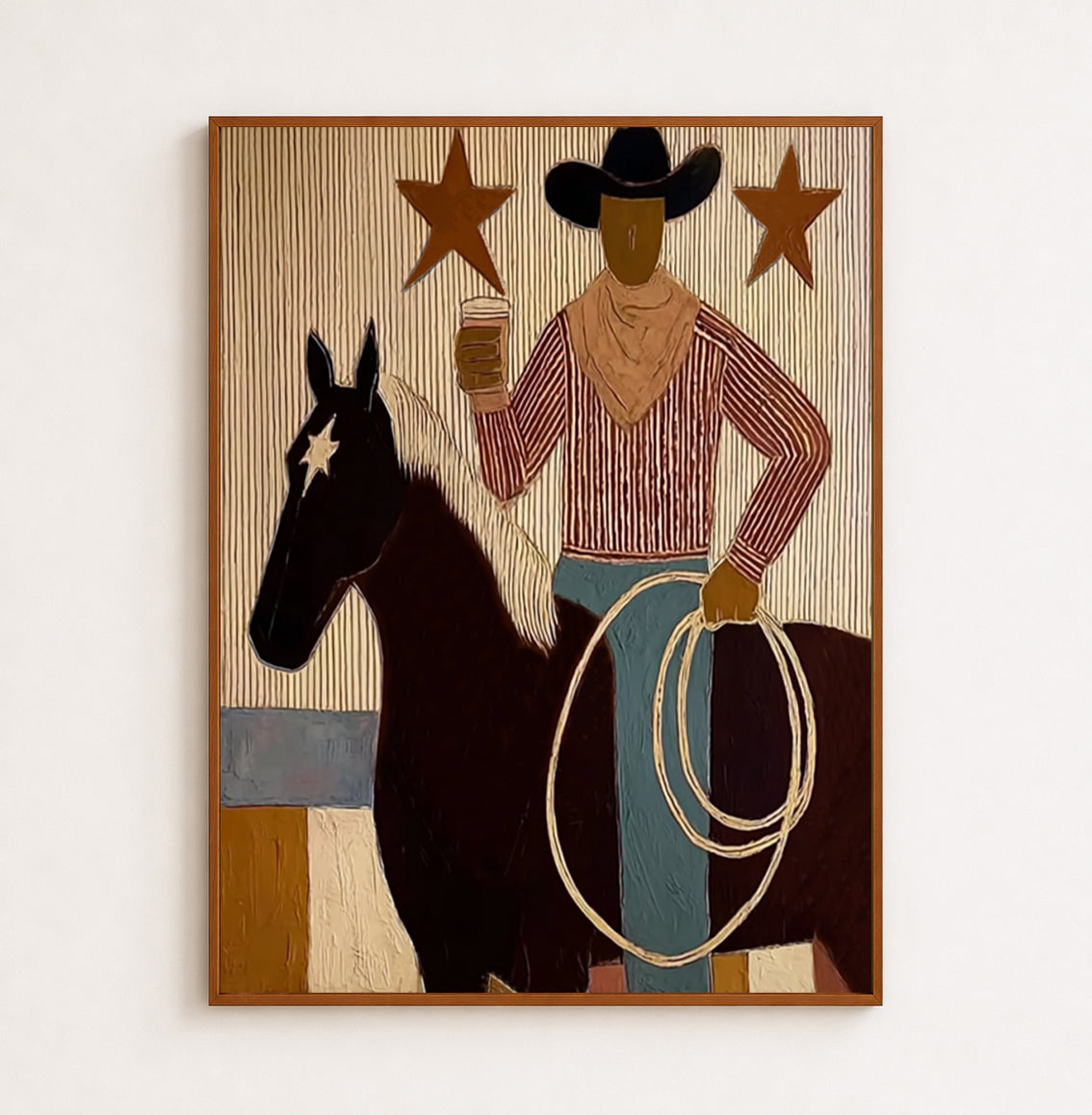 Folk Cowboy Painting With Horse And Lasso For Rustic Wall Decor