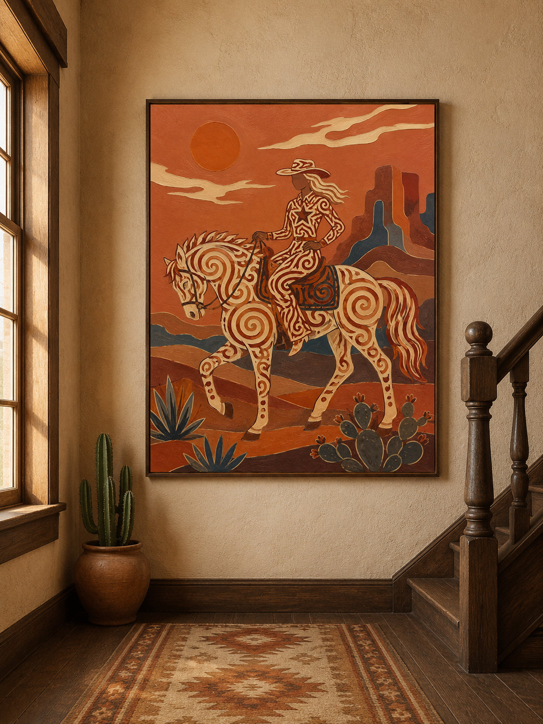 Southwestern Cowgirl Painting, Desert Horse, Canyon Folk Wall Art, Rustic Ranch Decor