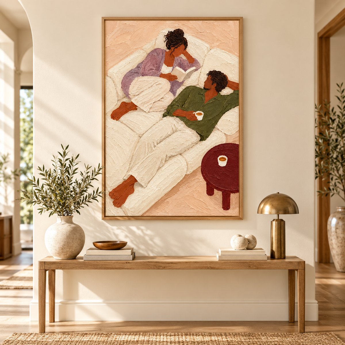 Cozy Couple Reading Painting Romantic Living Room Wall Art With Textured Couple Figure Painting
