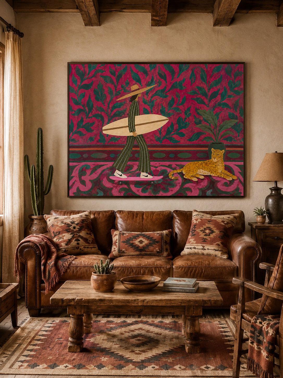 Tropical Folk Surf Woman With Cheetah Pink Floral Background Original Oil Painting For Living Room Decor