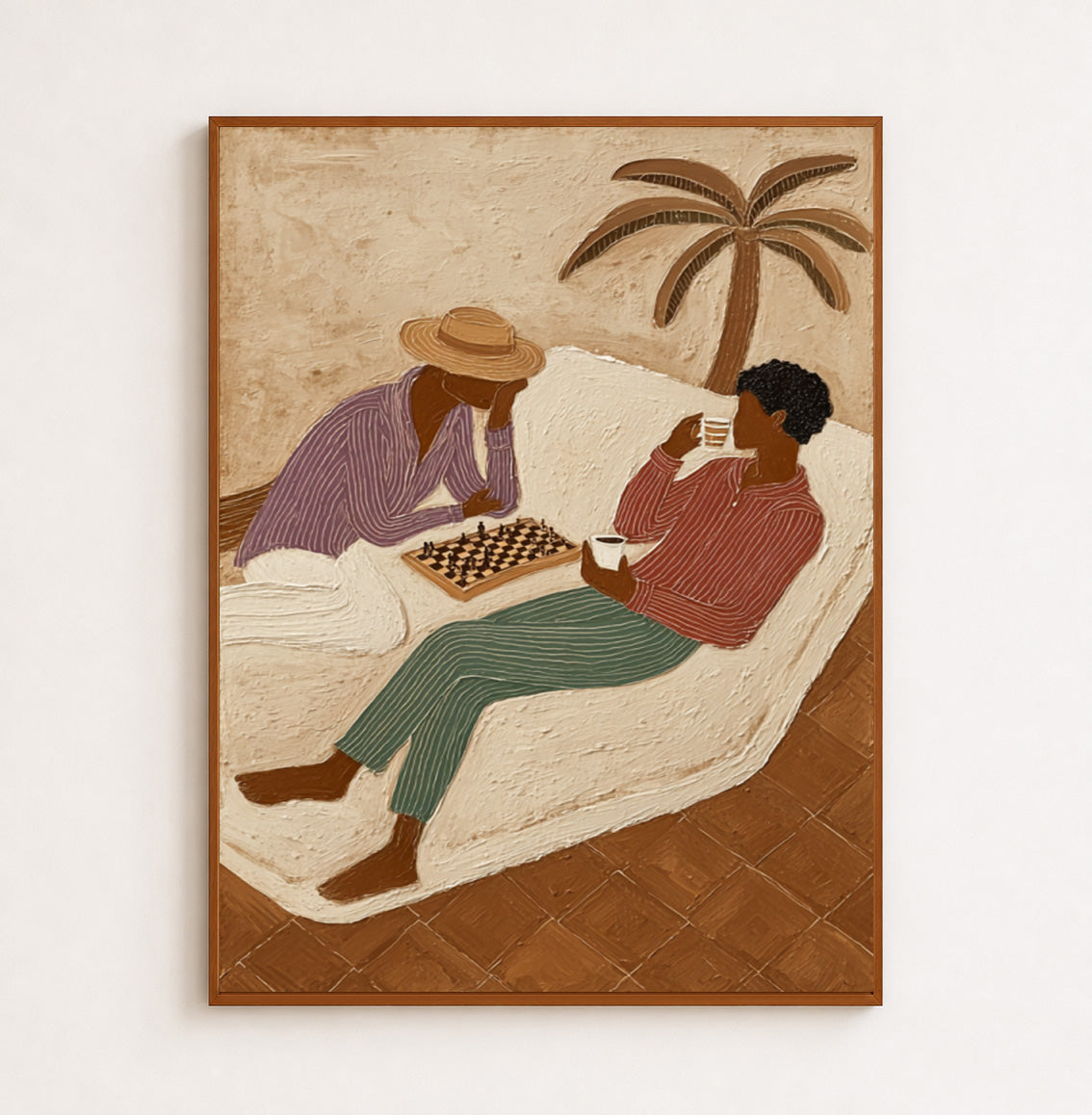 Figurative Chess Painting With Palm Tree And Coffee For Wall Decor