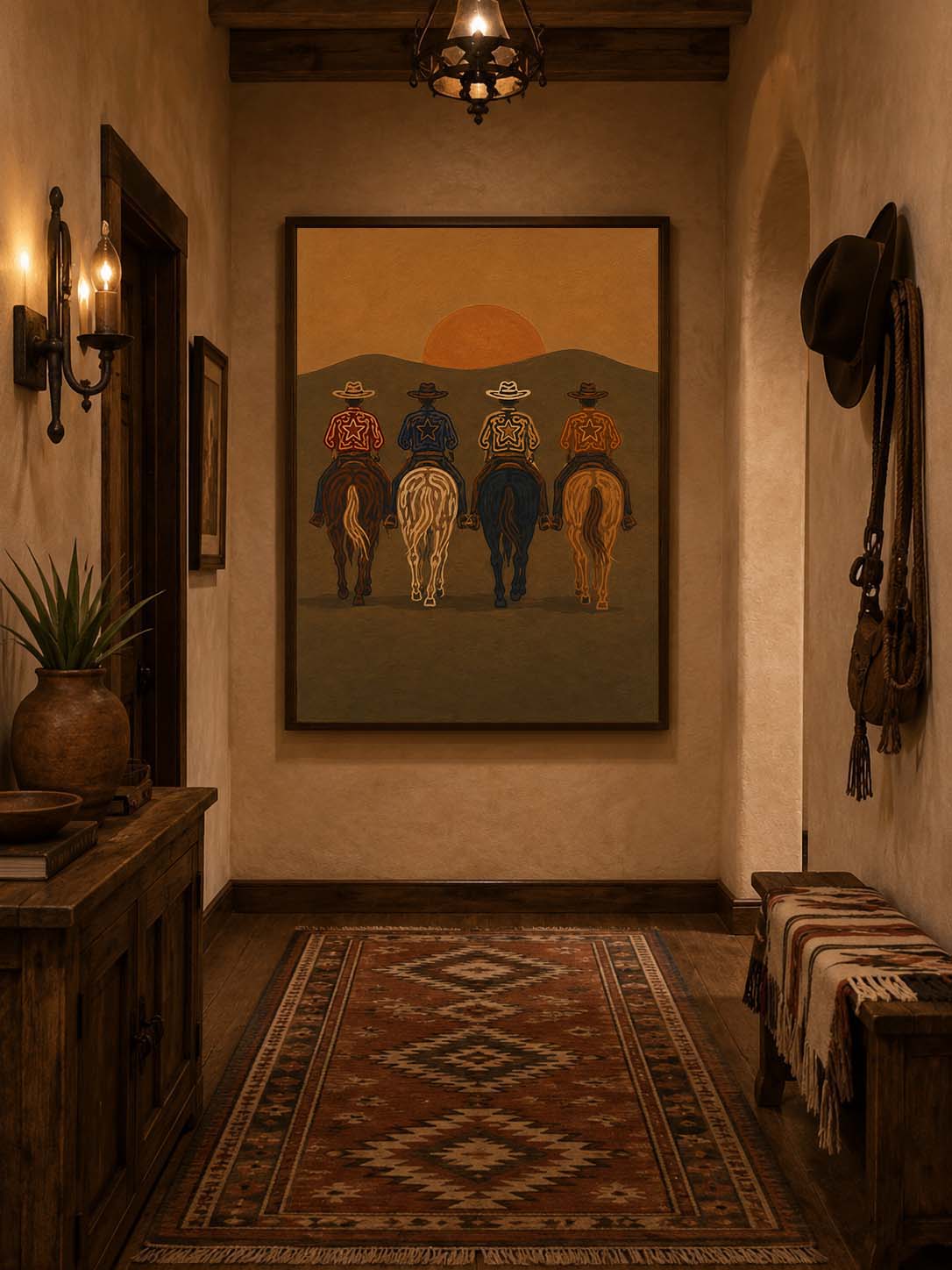 Cowboys At Sunset Painting, Western Horse Riders, Southwestern Desert Landscape Art For Living Room