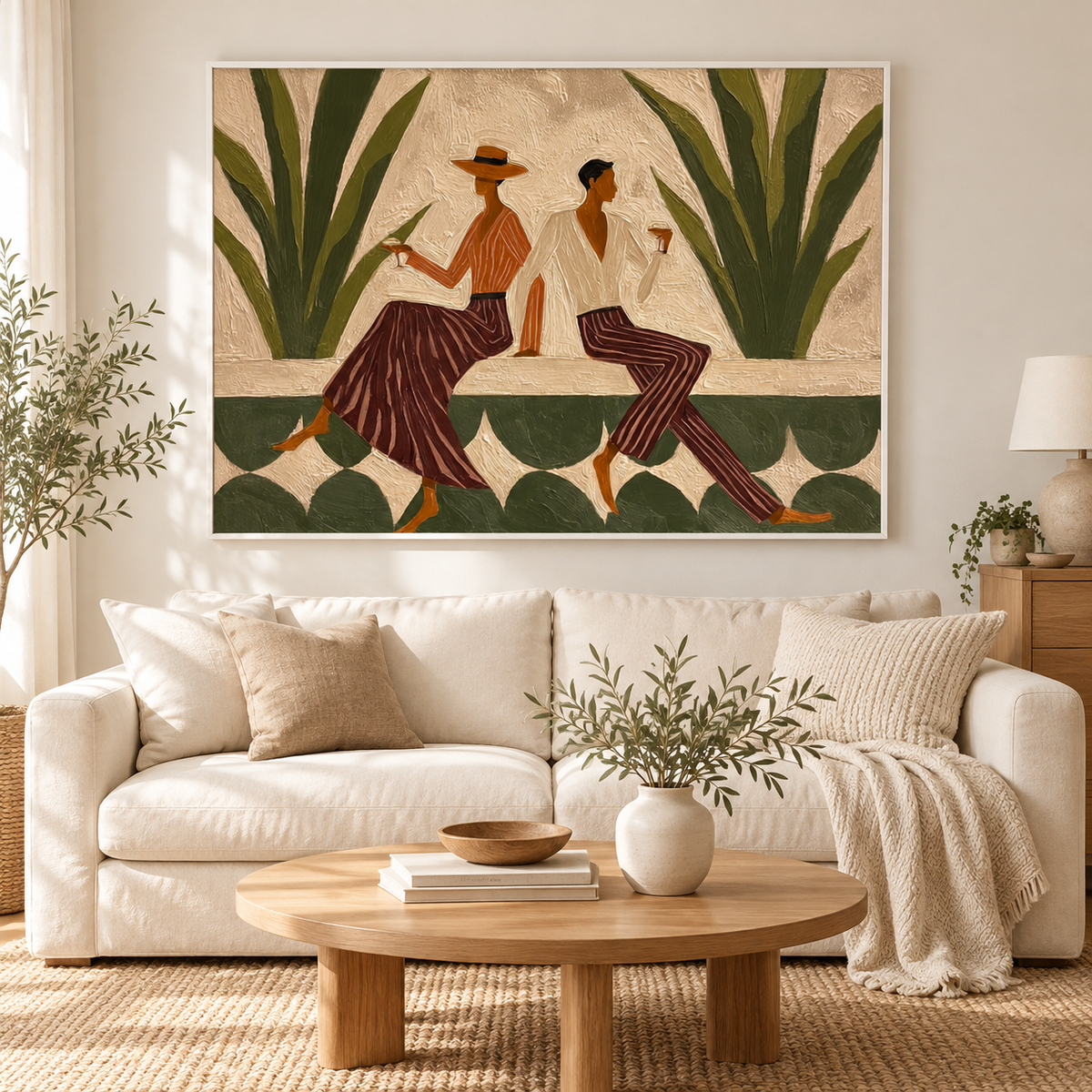 Vintage Figure Painting With Agave Plants Hand-Painted Canvas Art Olive Green Wall Art For Modern Living Room