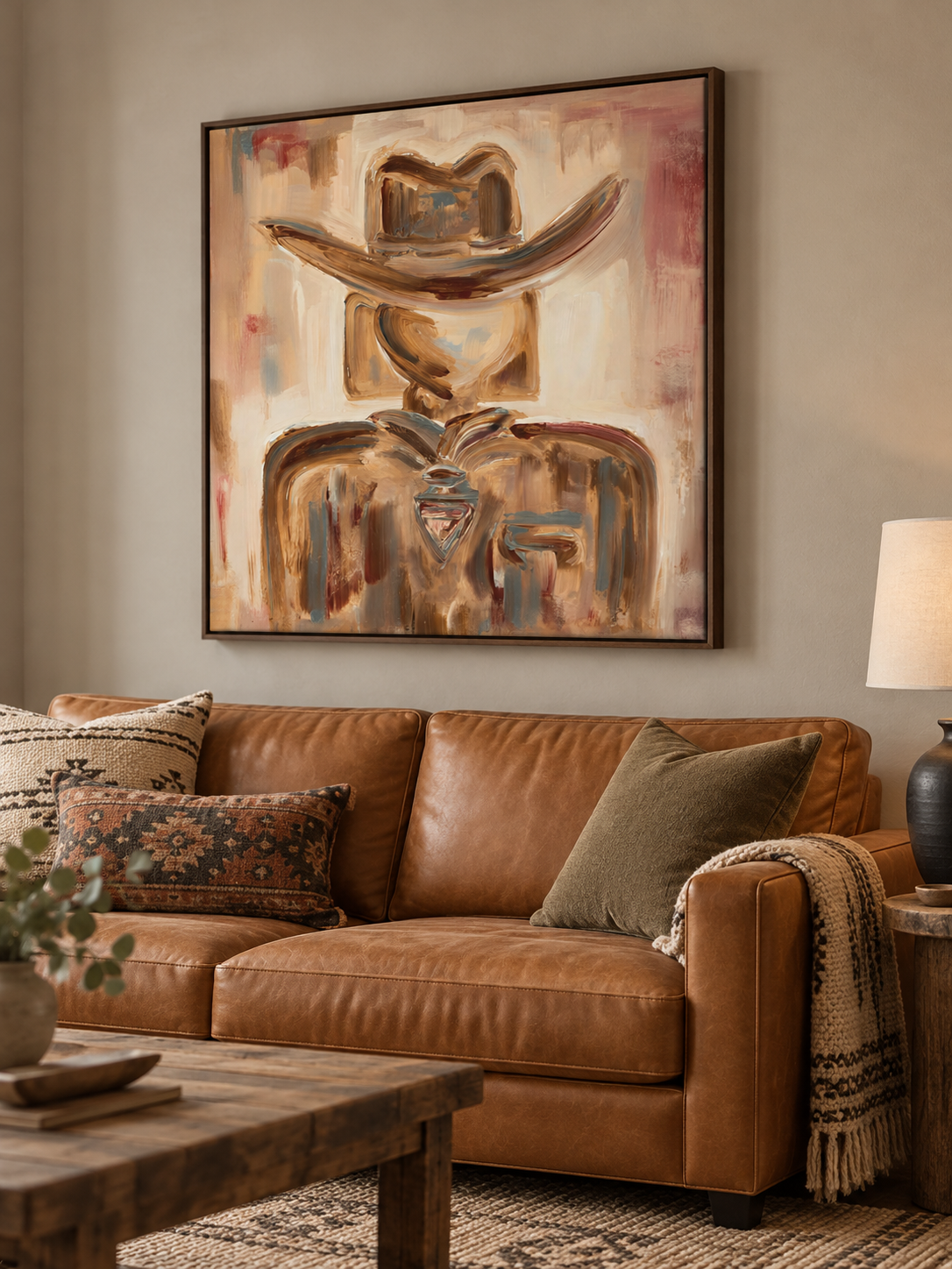Abstract Cowboy Portrait Canvas Painting In Earthy Brown Tones