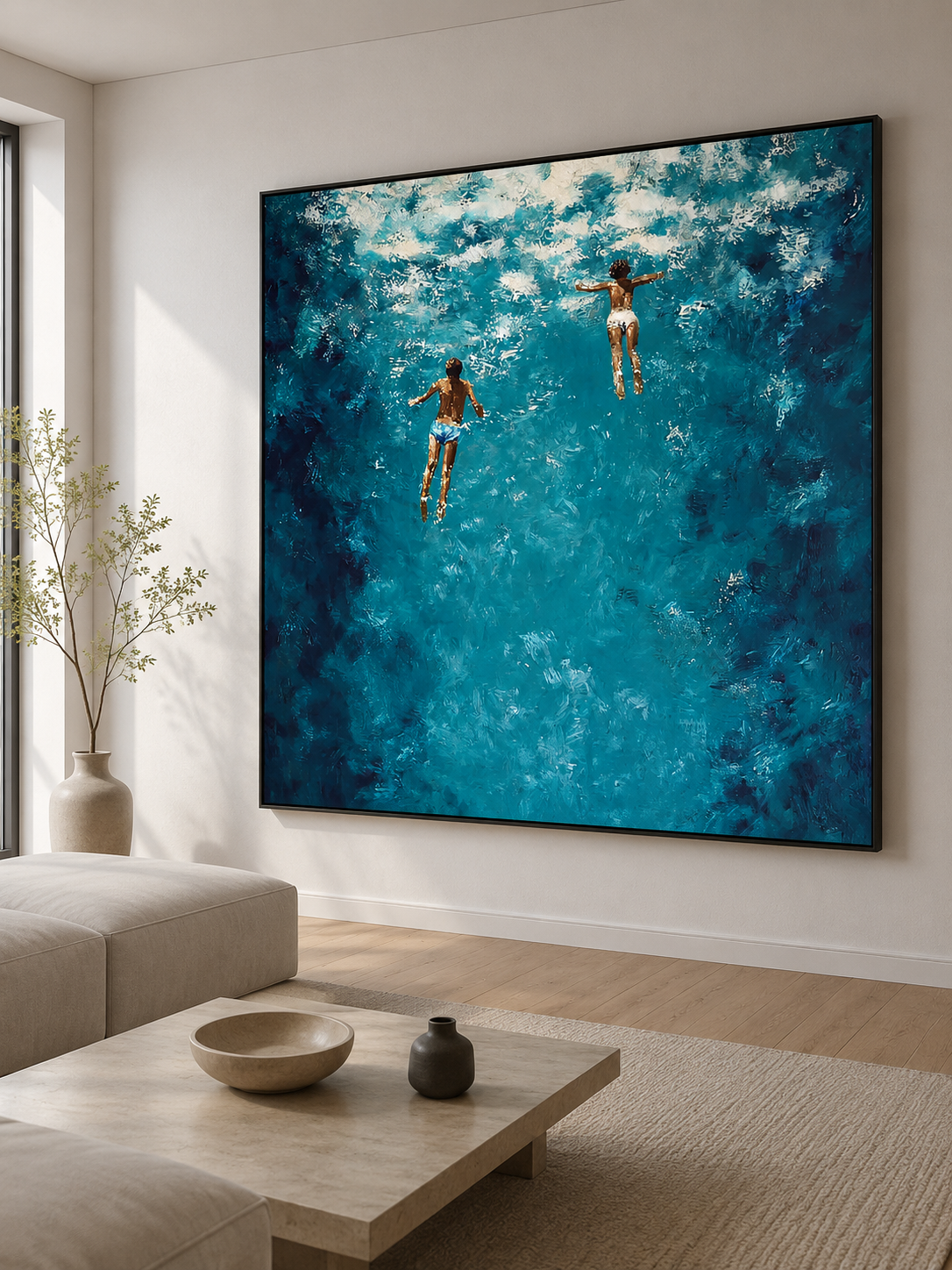 Hand Painted Ocean Oil Painting With Swimmers In Blue Water For Coastal Home Decor
