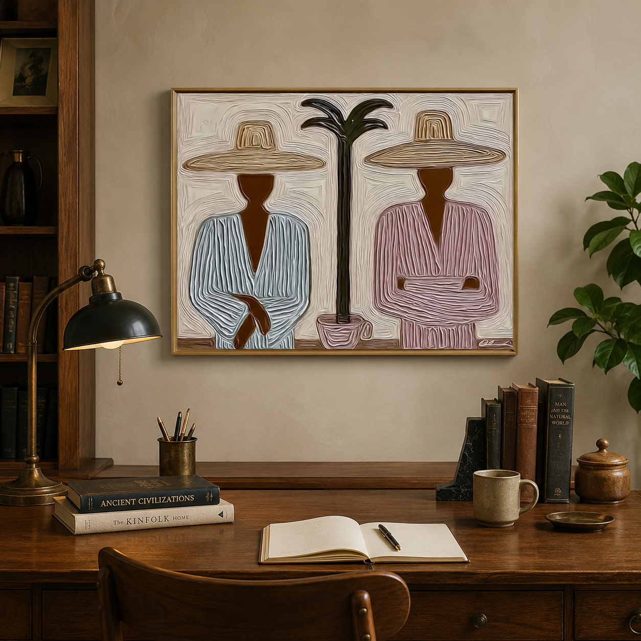 Wabi Sabi Tropical Art With Palm Tree And Minimalist Figures For Modern Home Decor