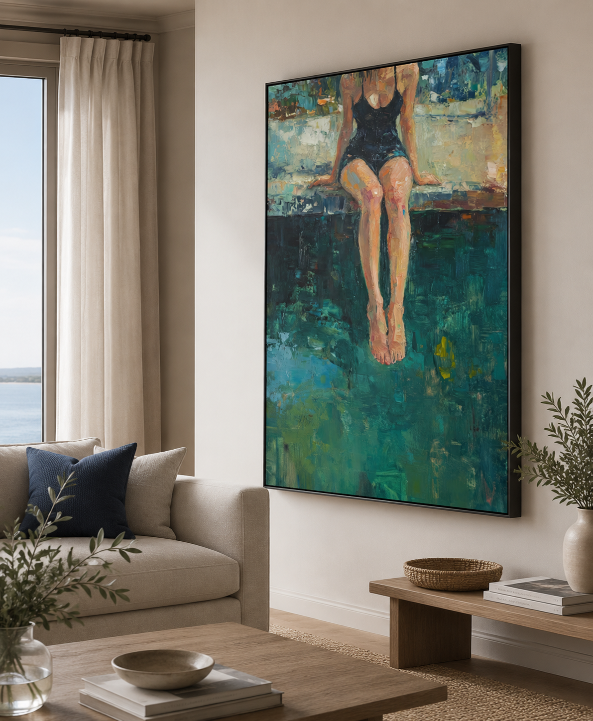Original Figurative Oil Painting Of Woman By Pool With Rich Green Tones For Modern Home Decor