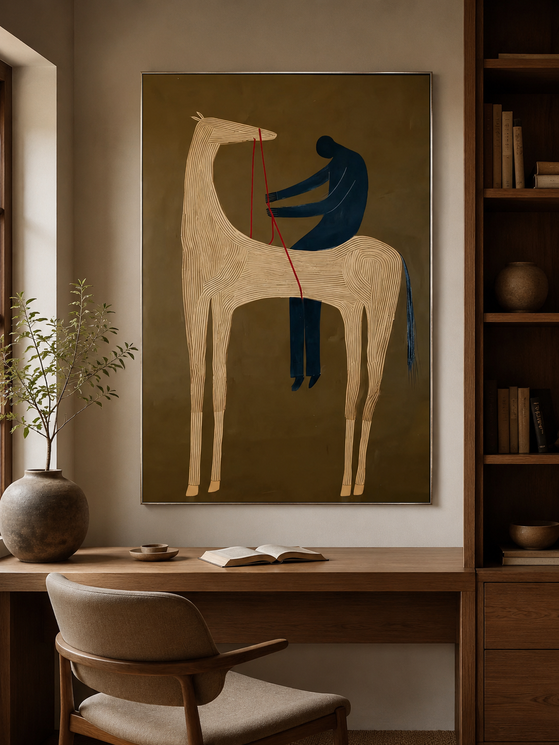 Abstract Storytelling Horse Canvas Art Featuring Human Silhouette In Earthy Minimalist Palette