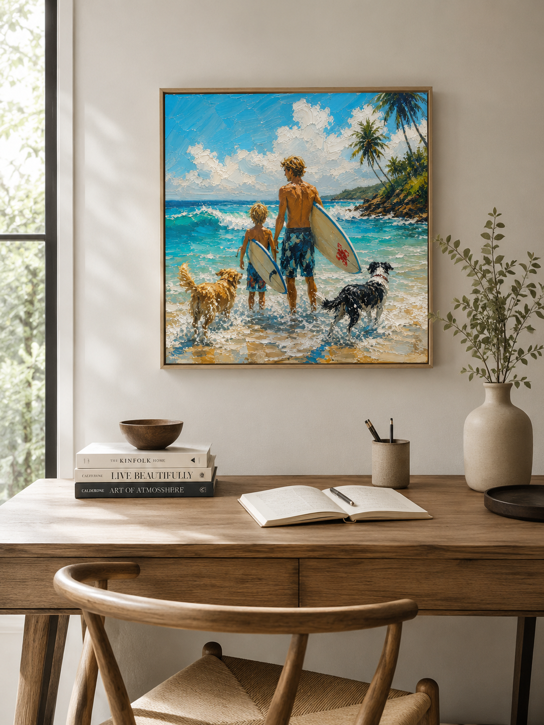 Coastal Vacation Wall Art Father Son Surfing Oil Painting With Dogs For Beach House Decor
