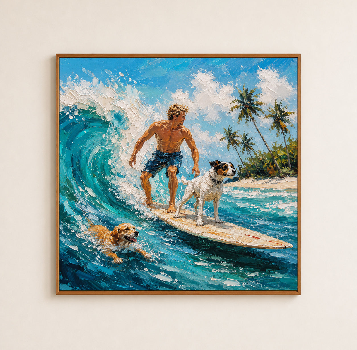 Surfer And Dogs Painting For Boys Room Beach Themed Wall Art Decor