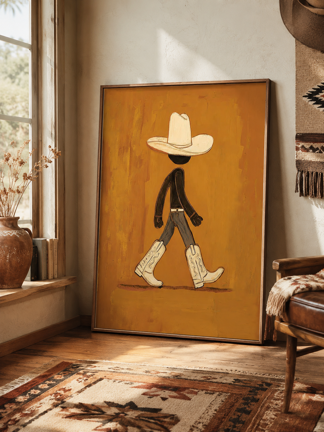 Abstract Cowboy Figure Art Vintage Cowboy Art With Boots For Modern Bedroom Decor