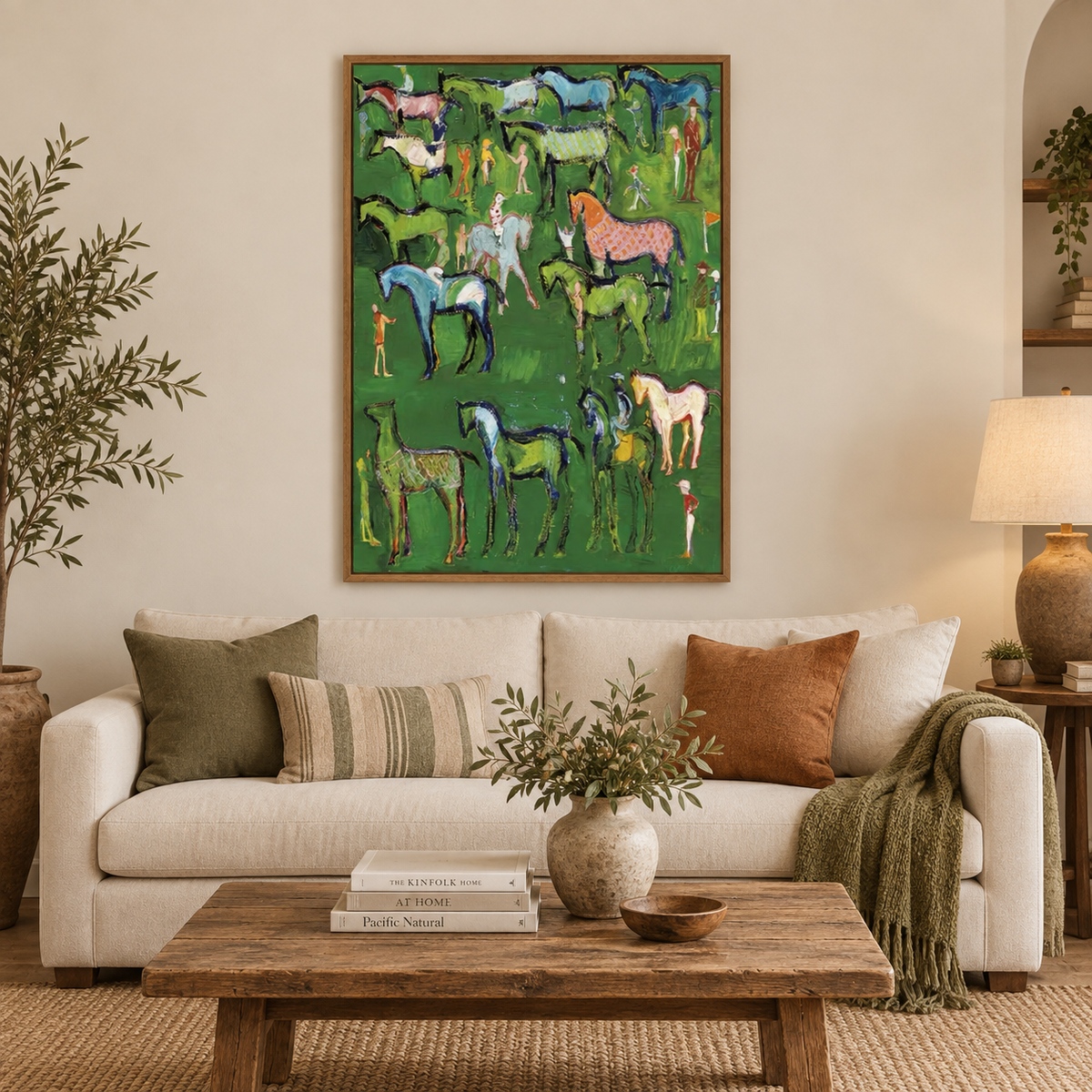 Hand-Painted Folk Horse Painting With Colorful Horses On Green Canvas Art