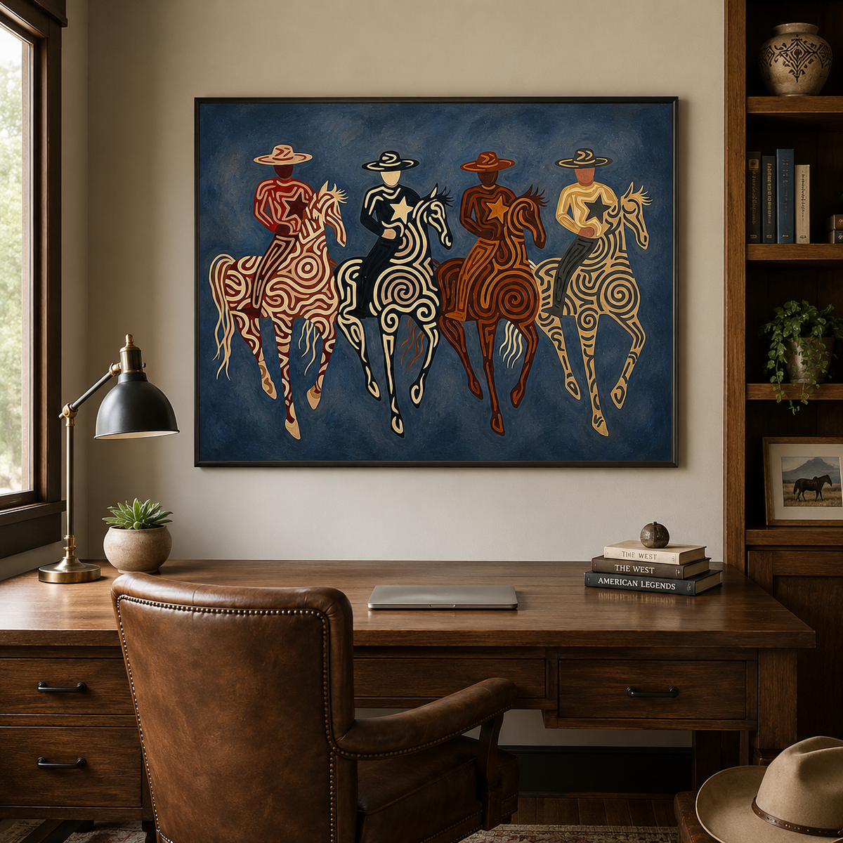 Four Cowboy Riders Painting, Navy Blue Western Horse Art, Southwestern Folk Wall Decor