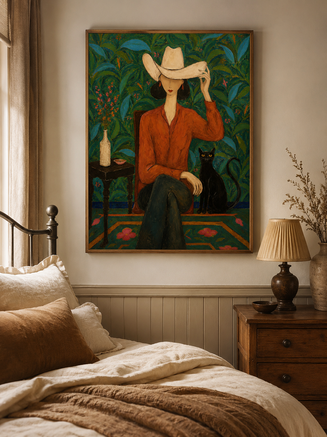 Stylish Woman And Black Cat Painting In Folk Art Style For Living Room Decor