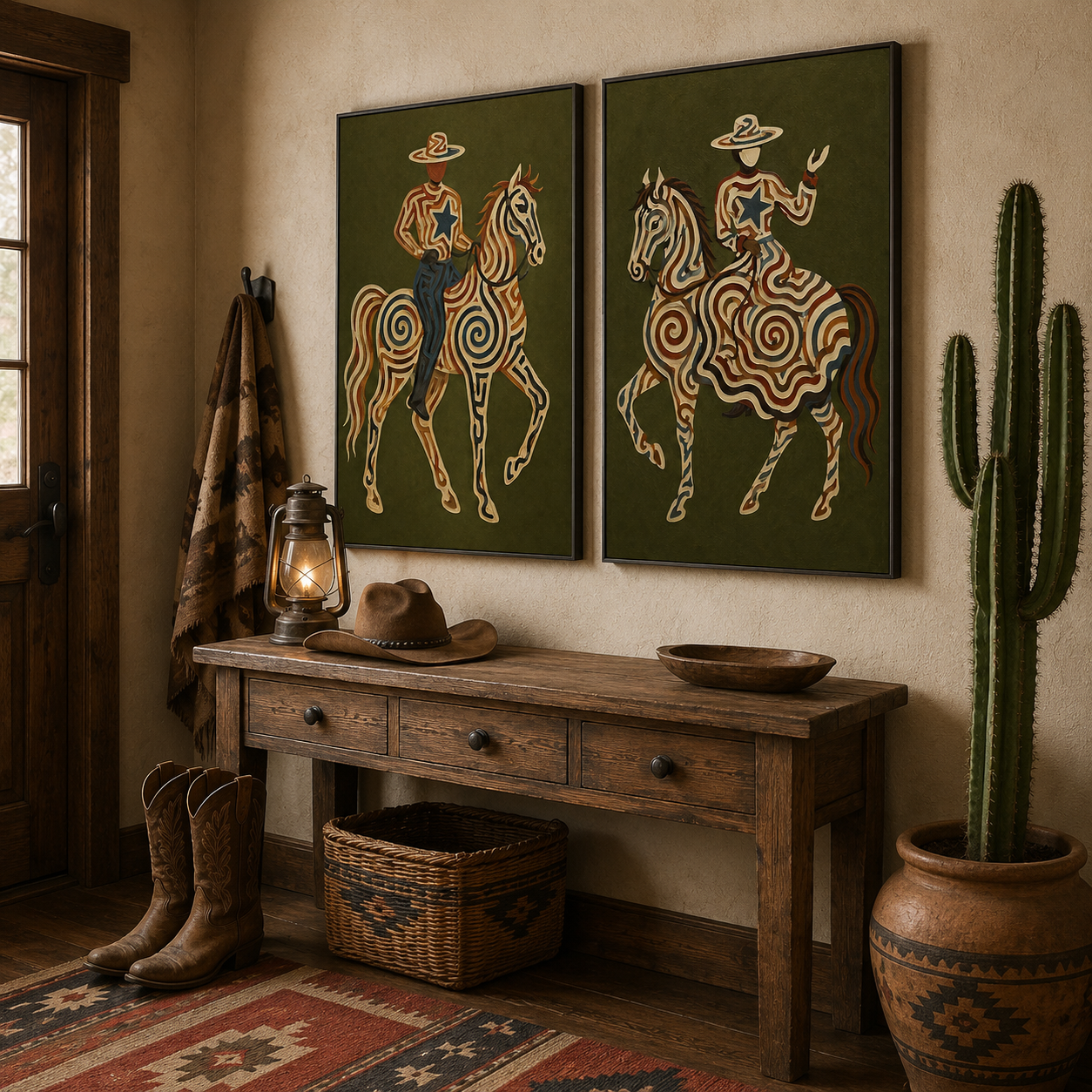 Vintage Patterned Tribal Horse And Cowboy Wall Art Set Of 2 For Living Room Wall Decor