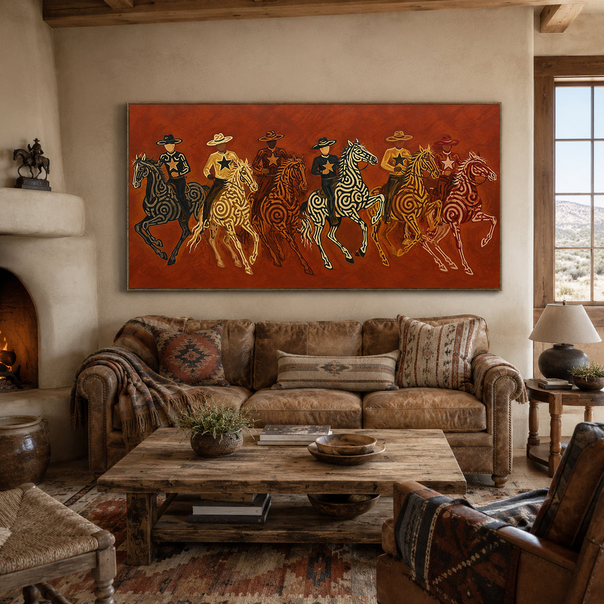 Panoramic Cowboy Horsemen Painting, Terracotta Western Riders, Rustic Ranch Wall Art