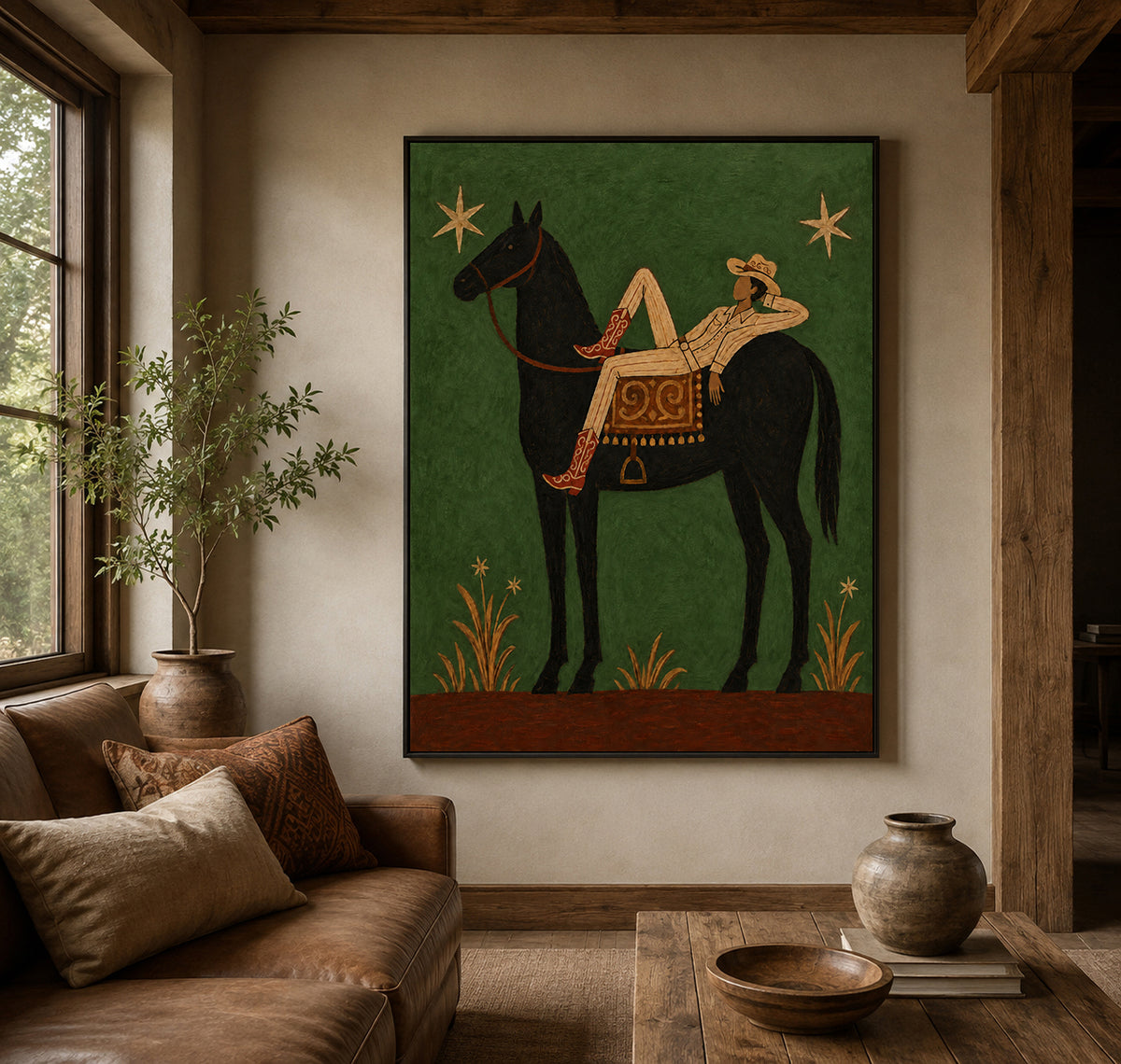 Relaxed Cowboy On Black Horse Canvas Art, Starry Night Western Wall Decor Green Background Fine Art
