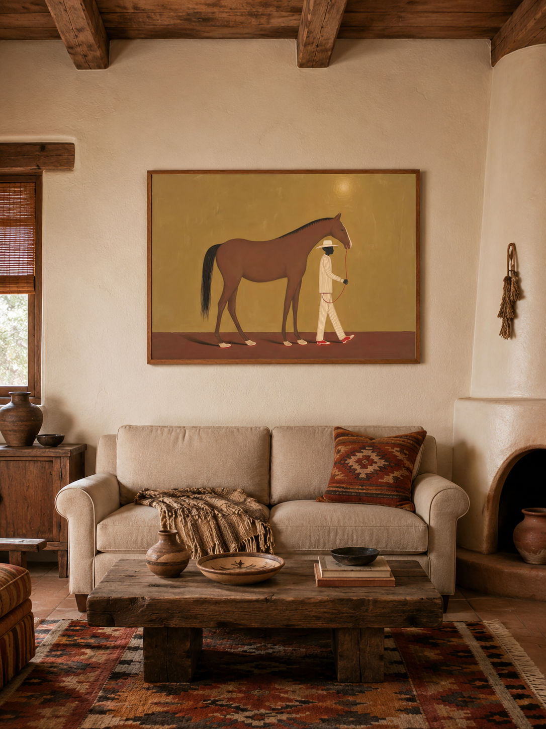 Warm Ochre Decor Figurative Art Man Leading Horse Original Oil Painting Style