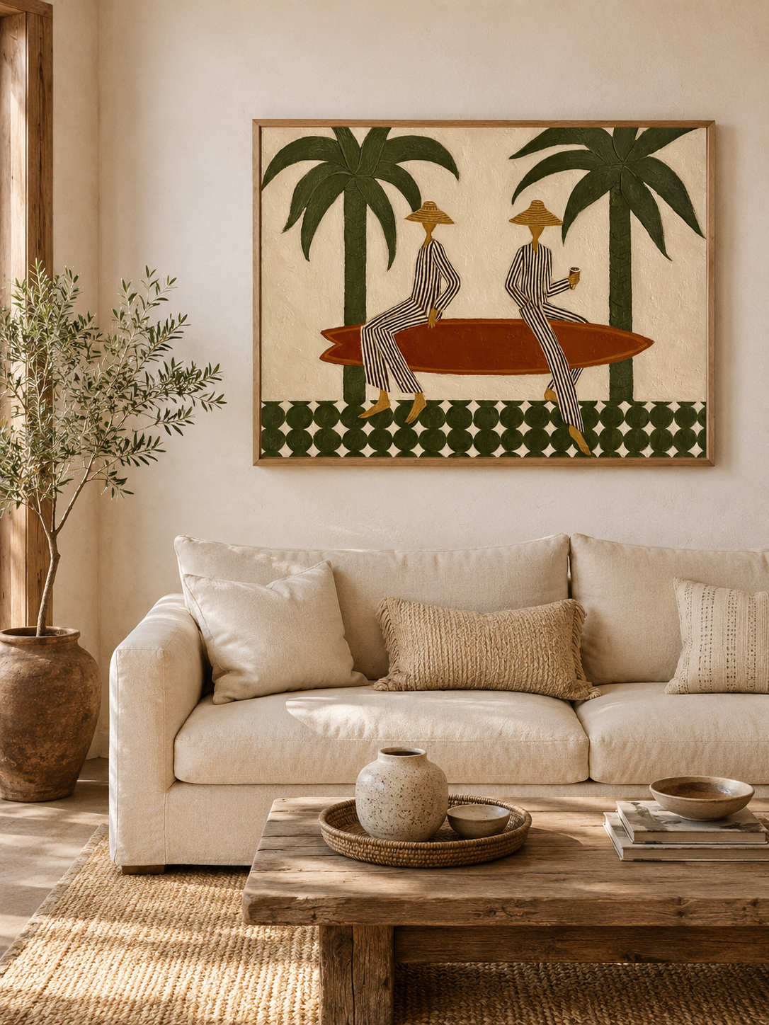Bohemian Surfboard Wall Art With Green Palm Trees For Coastal Living Room Decor